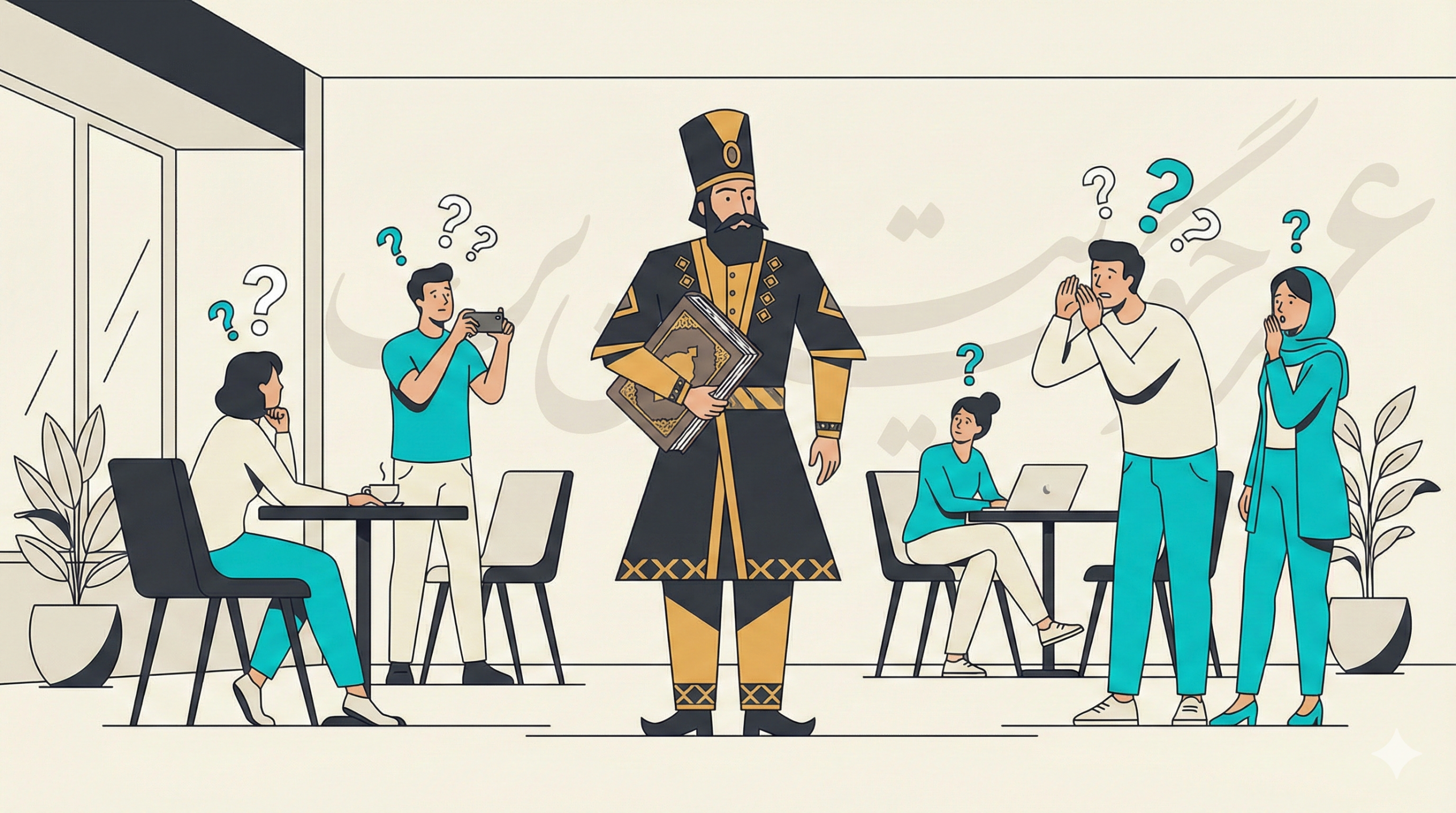 Why You Sound Like A 19Th Century Poet (And How To Fix It) 2 A Flat Vector Illustration Showing A Man Dressed In Stiff, Historical Qajar Dynasty Attire Holding A Large, Old Book, Standing Awkwardly In The Center Of A Modern, Minimalist Cafe. Surrounding Patrons In Casual Modern Clothing Look At Him With Confusion, Indicated By Stylized Question Marks Hovering Above Their Heads, While One Man Takes A Photo With His Phone. The Image Metaphorically Represents The Social Awkwardness Of Using Outdated, Formal Textbook Language In A Contemporary Casual Setting.