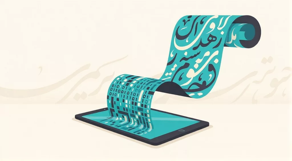 An editorial illustration showing a modern tablet device on a cream surface. A stylized ribbon scroll emerges from the screen, transforming turquoise and charcoal digital binary code into flowing traditional Persian calligraphy script. The style is minimalist flat vector with clean geometric lines.