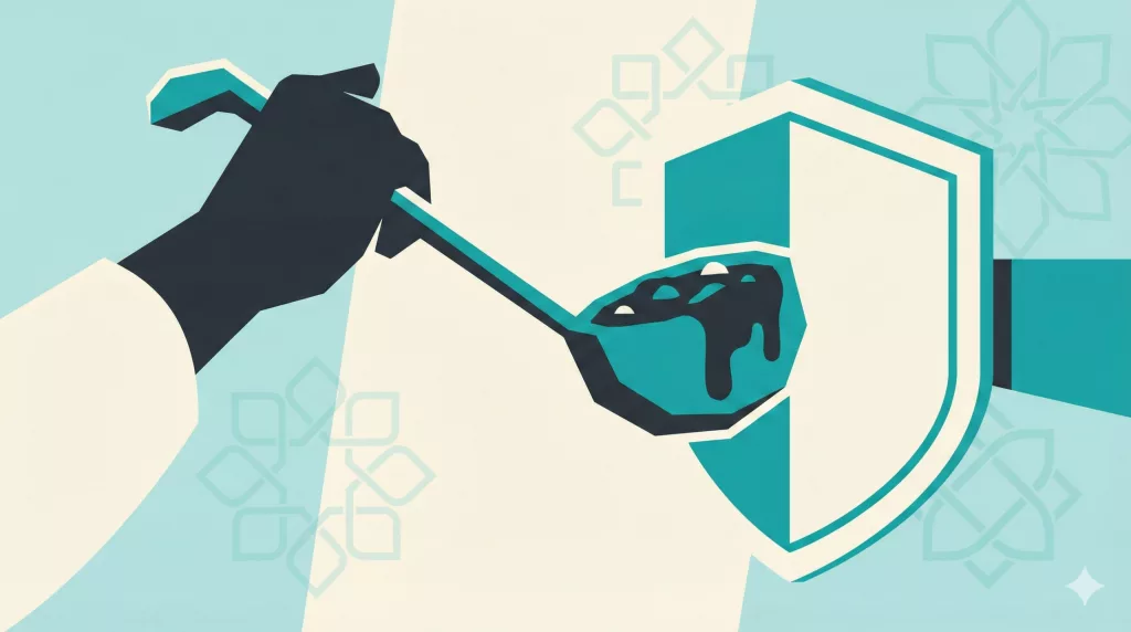 A Minimalist Editorial Illustration Showing A Hand With A Ladle Of Stew Being Blocked By A Geometric Shield, Representing The &Quot;Mersi&Quot; Hack In Persian Etiquette.