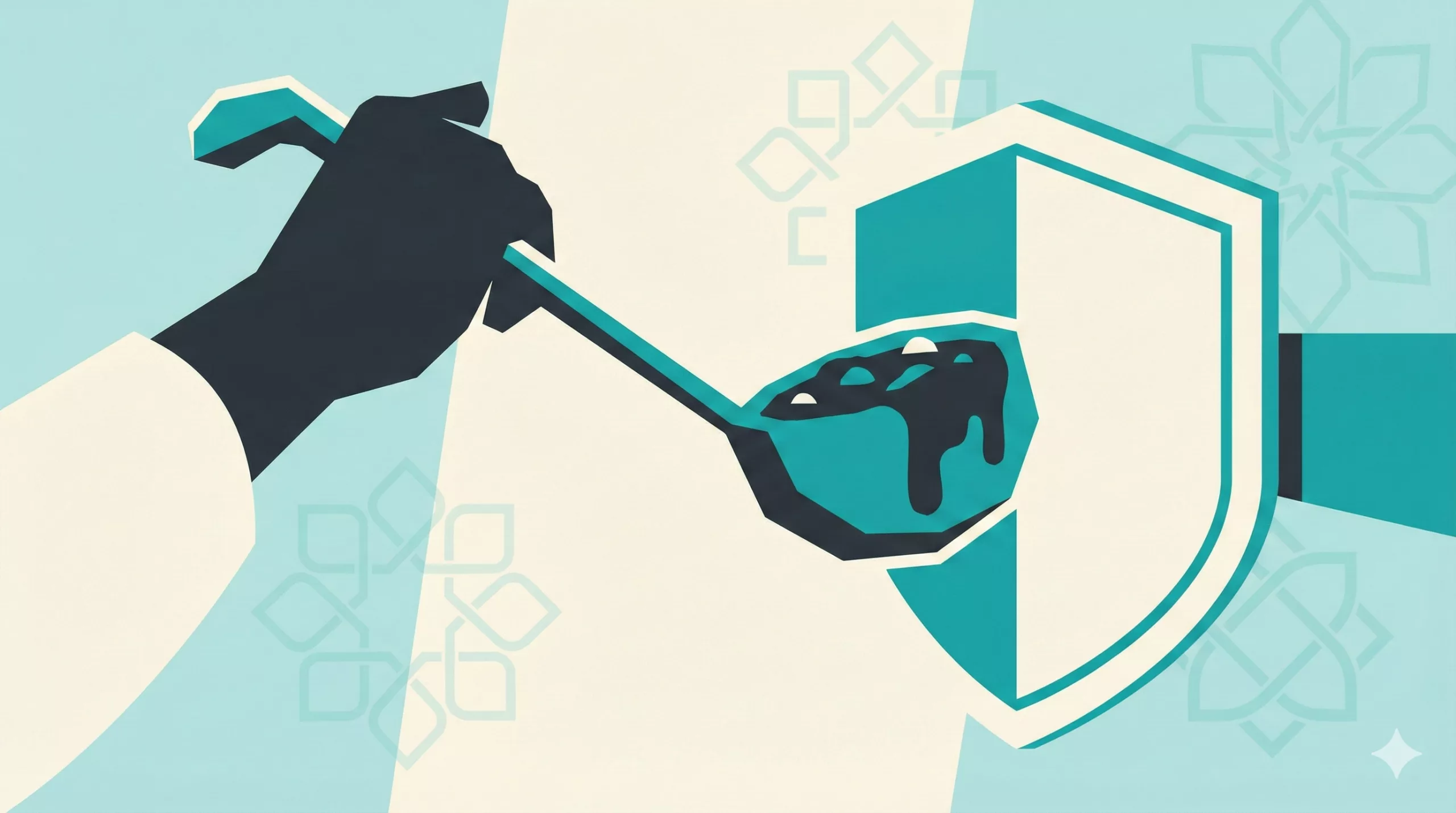 A minimalist editorial illustration showing a hand with a ladle of stew being blocked by a geometric shield, representing the "Mersi" hack in Persian etiquette.