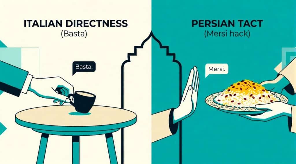 The &Quot;Mersi&Quot; Hack: How To Say 'No' Without Starting A War 1 A Split-Screen Editorial Illustration Comparing Communication Styles. On The Left Panel, Titled &Quot;Italian Directness (Basta),&Quot; A Hand Pushes Away An Espresso Cup. On The Right Panel, Titled &Quot;Persian Tact (Mersi Hack),&Quot; A Hand Is Raised In A Polite Stop Gesture Against A Large Plate Of Offered Rice. A Stylized Persian Arch Line Divides The Two Sections.