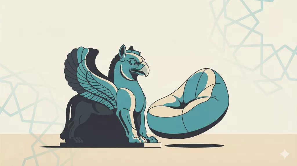 A Flat Vector Editorial Illustration In Turquoise And Charcoal Tones. On The Left Is A Stoic, Stylized Statue Of The Ancient Persian Homa Griffin From Persepolis. On The Right, A Modern, Trivial Beanbag Chair Floats Harmlessly Next To It. This Satirizes The Iranian Reality Show &Quot;Bazmandeh,&Quot; Where Contestants Threw Sandbags At Historic Symbols, Sparking A National Scandal.