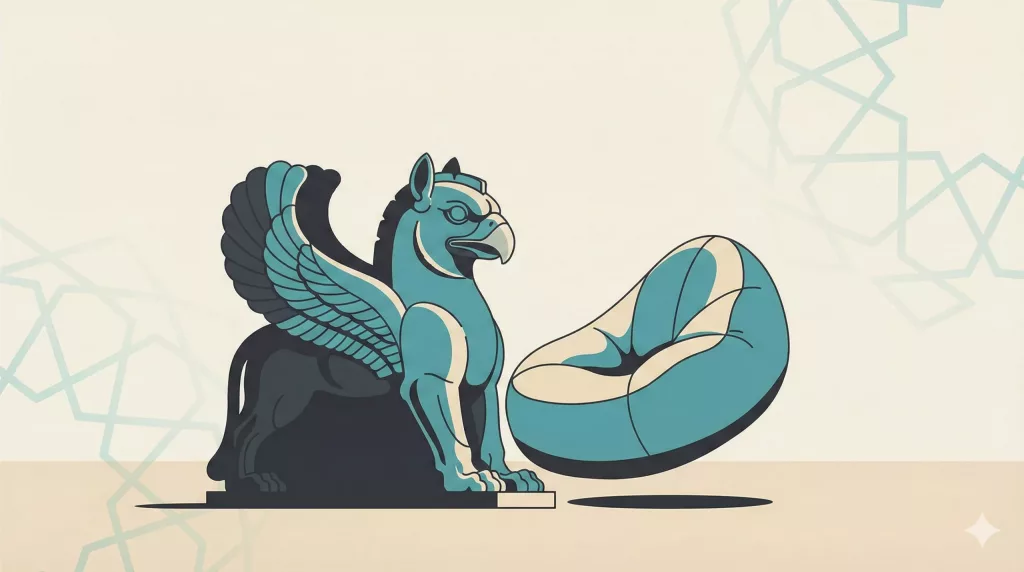 A Flat Vector Editorial Illustration In Turquoise And Charcoal Tones. On The Left Is A Stoic, Stylized Statue Of The Ancient Persian Homa Griffin From Persepolis. On The Right, A Modern, Trivial Beanbag Chair Floats Harmlessly Next To It. This Satirizes The Iranian Reality Show &Quot;Bazmandeh,&Quot; Where Contestants Threw Sandbags At Historic Symbols, Sparking A National Scandal.