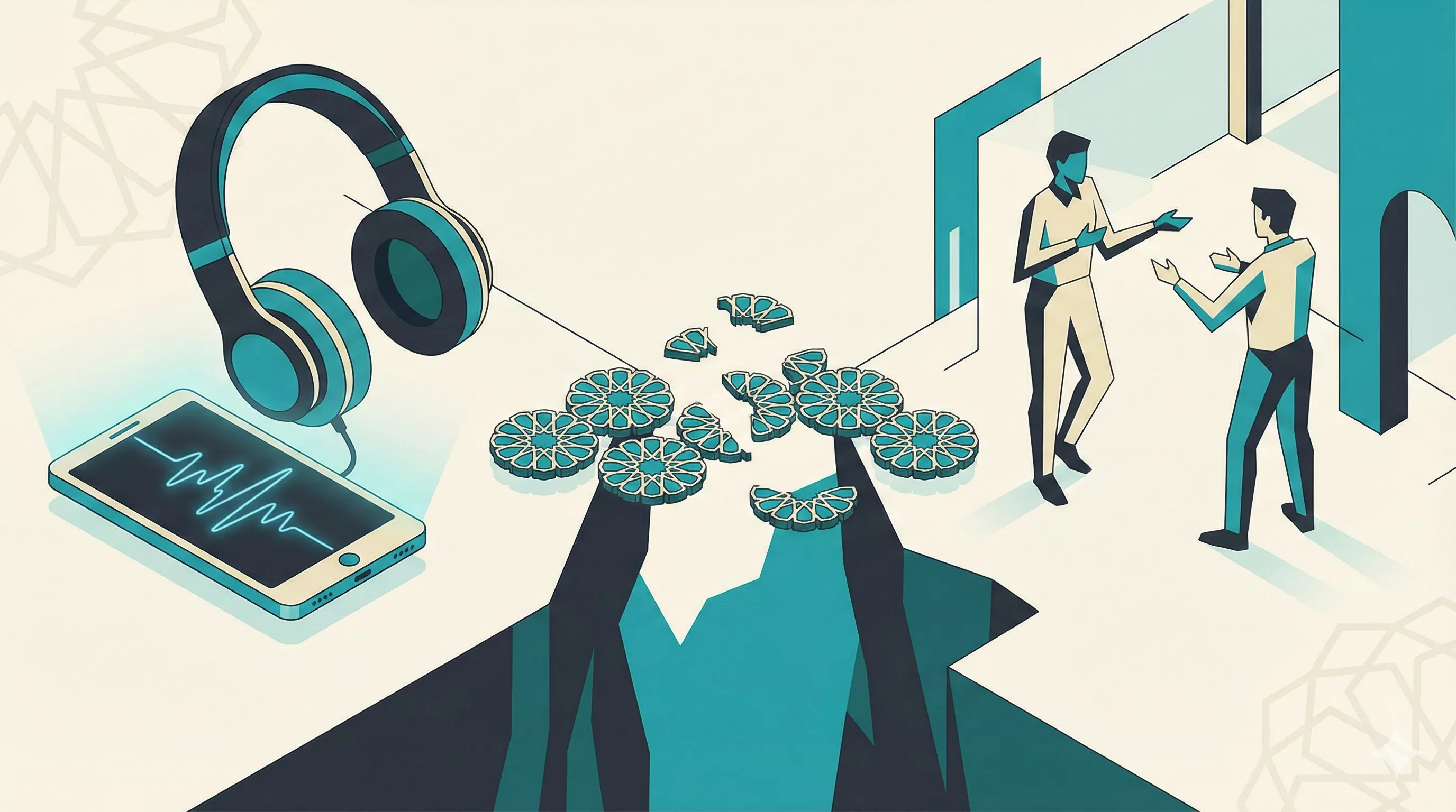 Illustration Comparing Passive Listening Apps To Active Speaking In Farsi, Showing A Gap Between Headphones And Real Conversation.