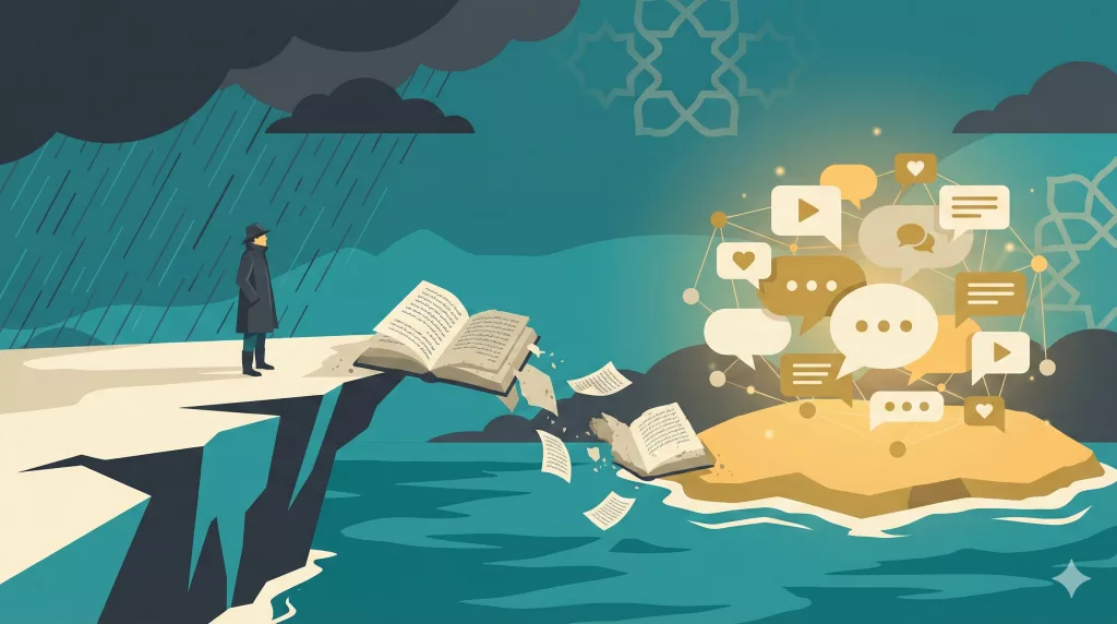 A Stylized Vector Illustration Featuring A Person Standing In The Rain On A Grey Cliff Representing Victoria, Looking Across A Water Chasm At A Glowing, Warm Island Of Speech Bubbles Representing Iranian Culture. A Bridge Made Of Crumbling, Dusty Textbooks Attempts To Cross The Gap But Fails, Symbolizing The Disconnect Between Formal Instruction And Real Conversation.