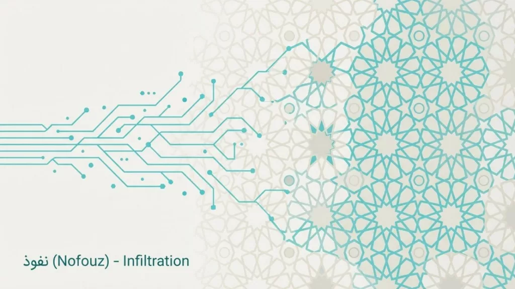 A Split-Composition Vector Graphic. On The Left, Turquoise Digital Circuit Board Lines And Nodes Flow Inward, Weaving Into And Merging With A Complex Traditional Islamic Geometric Star Pattern (Girih) On The Right. The Digital Lines Appear To Be Overtaking The Traditional Pattern. Text At The Bottom Left Reads &Quot;نفوذ (Nofouz) - Infiltration,&Quot; Representing The Concept Of Foreign Influence.