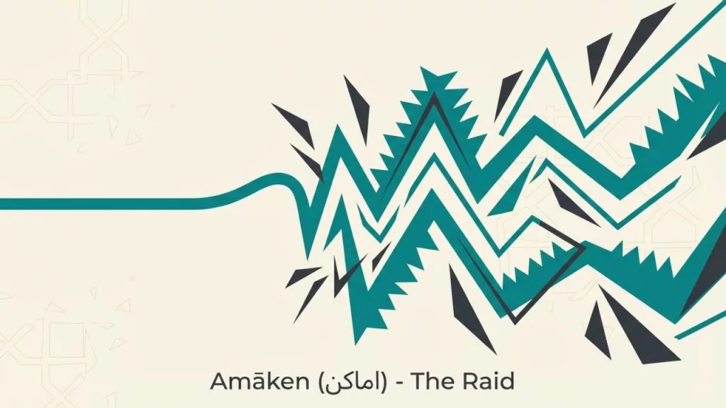 An Abstract Graphic Representation Of A Raid On A Cream Background. A Smooth Turquoise Line Flowing From The Left Suddenly Disrupts Into Violent, Jagged, Saw-Tooth Spikes Moving To The Right, Accented By Sharp Charcoal Grey Triangles. Text At The Bottom Reads &Quot;Amāken (اماکن) - The Raid.&Quot; The Visual Mimics A Seismograph Or Heartbeat Spike, Symbolizing Sudden Tension And Disruption By Authorities.