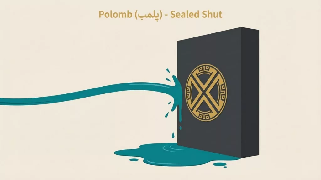 A Minimalist Illustration Depicting A Business Closure. A Horizontal Stream Of Turquoise Liquid Flows From The Left And Slams Abruptly Into A Solid, Vertical Charcoal-Grey Rectangular Block. The Block Features A Gold, Cross-Shaped Geometric Seal. The Liquid Splashes And Pools At The Base, Unable To Pass. Text Reads &Quot;Polomb (پلمب) - Sealed Shut.&Quot;