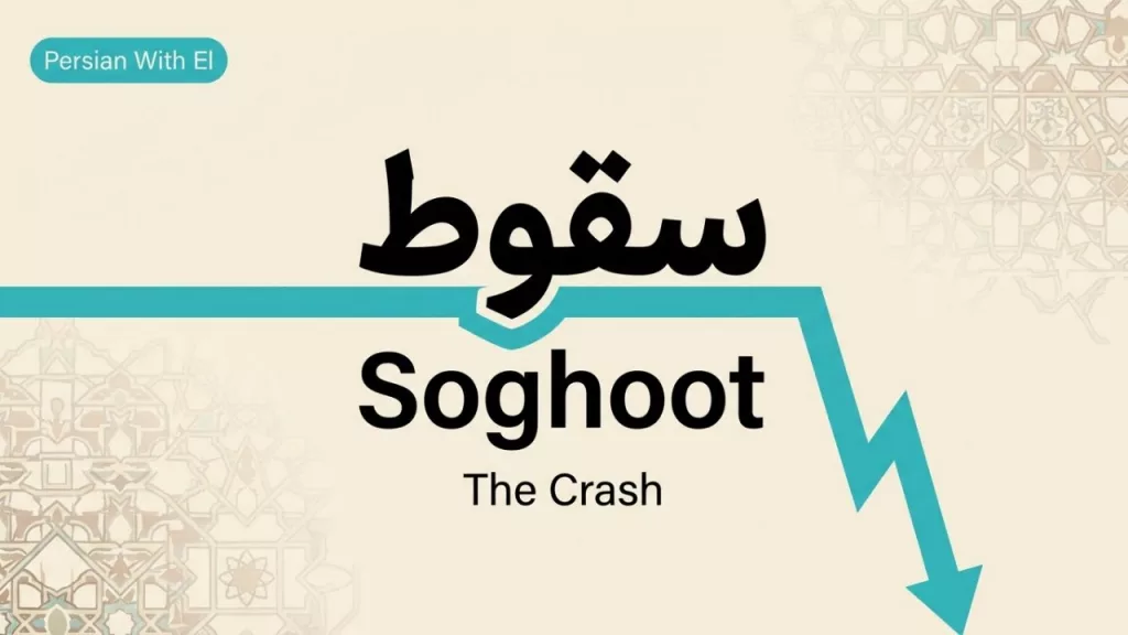 Educational Infographic Defining The Persian Word 'Soghoot' (Crash) Featuring A Plummeting Financial Graph To Symbolize The Iran Currency Crisis And Rial Devaluation.