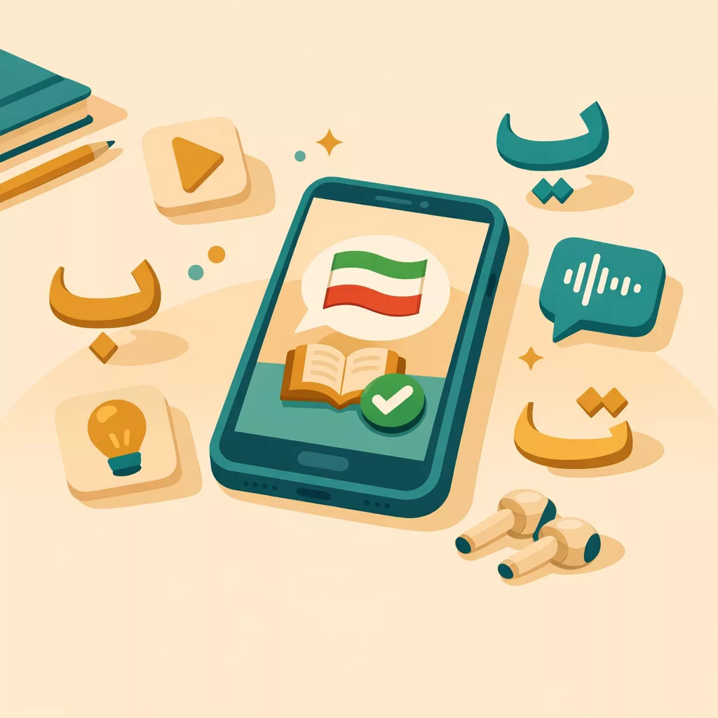 Smartphone Surrounded By Persian Letters And Language Learning App Icons On A Warm Cream Background