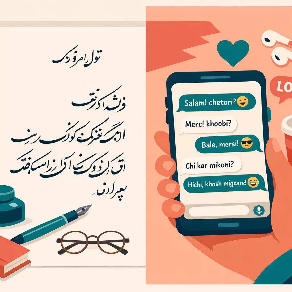 Split illustration showing formal Persian calligraphy document versus casual text messages representing the difference between written and spoken Farsi