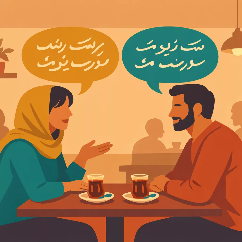 Two people having a conversation at a cafe with Persian speech bubbles and Iranian tea glasses