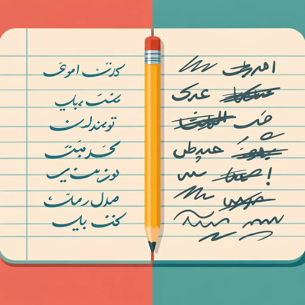 Notebook split between neat formal Persian writing and casual street Farsi scribbles