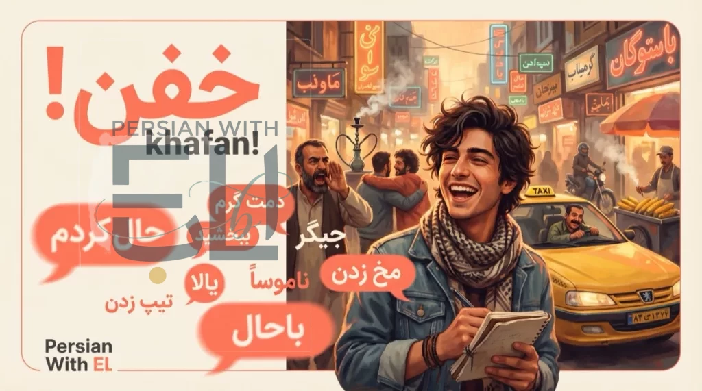 Laughing young Iranian man on a bustling Tehran street surrounded by floating Persian slang speech bubbles including khafan, haal kardam, jigar, namusan, mokh zadan, illustrating 10 essential Farsi slang words