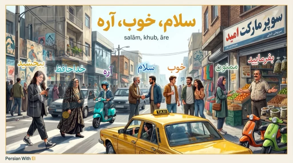 Busy Tehran street scene at midday with diverse pedestrians yellow taxi fruit vendor and Persian shop signs with common Persian words salam khub are mamnun befarmaid khodahafez bebakhshid floating over real-life interactions