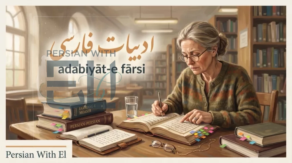Advanced Persian learner reading Hafez in a quiet library with Farhang-e Moaser dictionary annotated notebooks color tabs and reading glasses, illustrating advanced Persian literature study