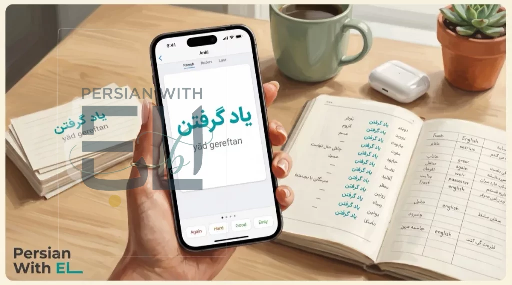 Hand holding iPhone showing an Anki flashcard for the Persian verb yad gereftan to learn, paper flashcards scattered nearby, open vocabulary notebook, succulent and coffee mug on desk, illustrating how to use Anki for Persian