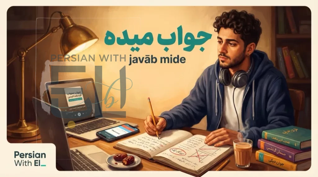 Young Iranian heritage learner testing Farsi methods at a late-night study desk with warm lamp laptop notebook and chai, illustrating the best way to learn Persian