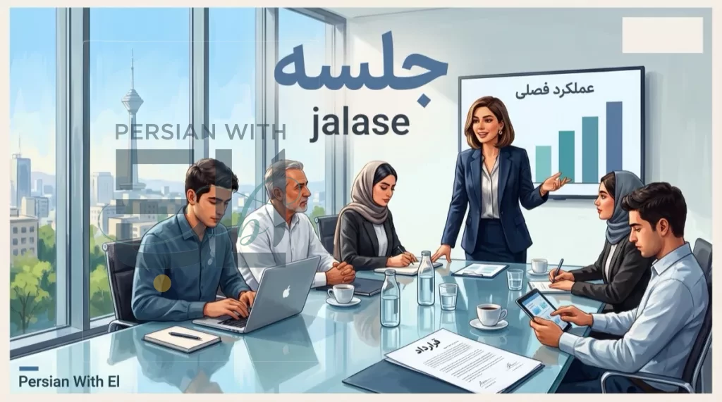Modern Tehran boardroom with Iranian business team led by a woman without hijab presenting a Persian quarterly performance bar chart amalkard-e fasli to colleagues with Milad Tower through floor-to-ceiling windows and a Persian contract gharardad on the table, illustrating business Farsi