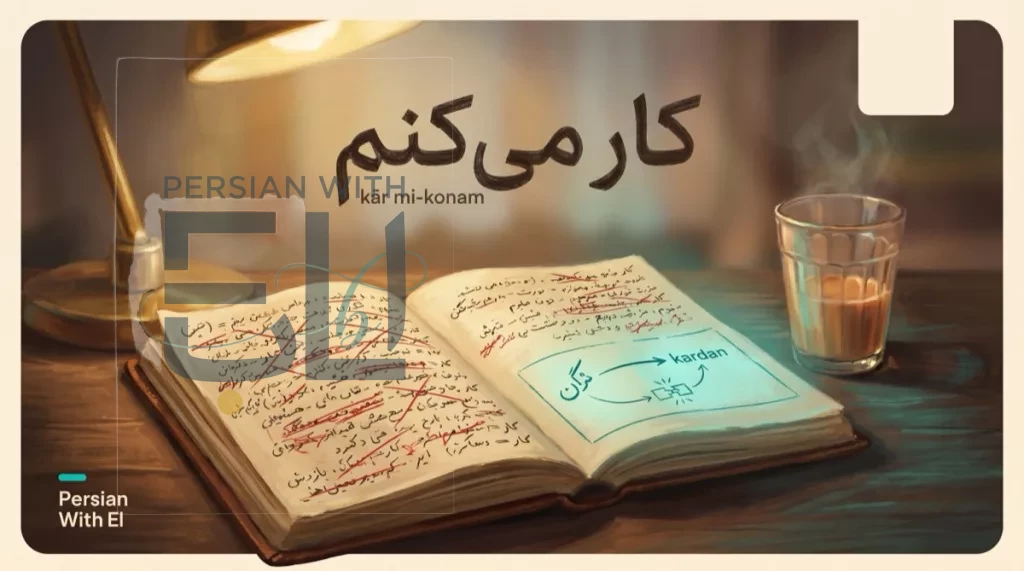 Student's late-night desk with a Farsi notebook showing a compound verb diagram connecting a noun to kardan, illustrating how 80% of Persian verbs work