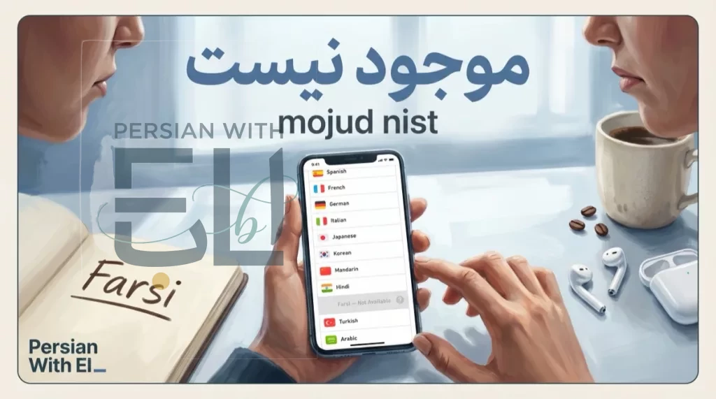 Hand holding an iPhone showing the Duolingo language selection screen with Farsi marked as not available between Hindi and Turkish, a notebook with the word Farsi written and underlined nearby, illustrating why Duolingo does not offer Persian