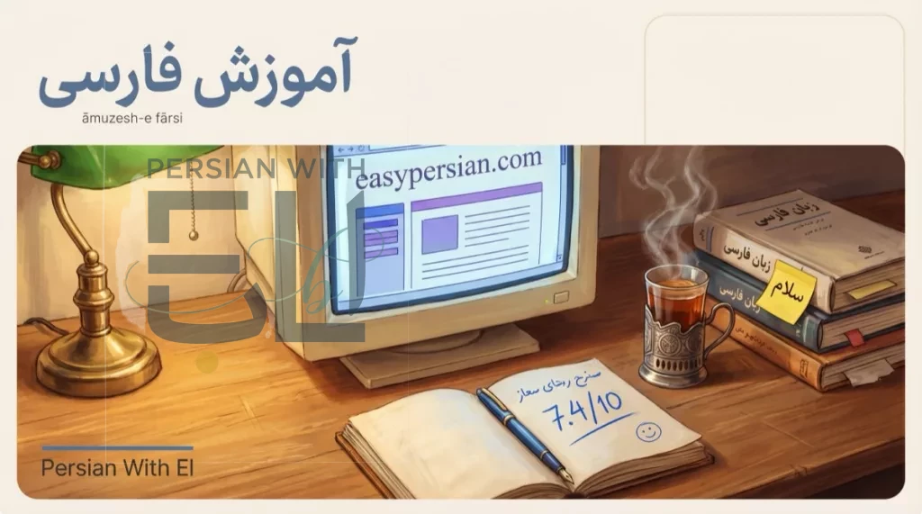 Vintage CRT monitor displaying easypersian.com next to a handwritten notebook scored 7.4 out of 10, Persian textbooks, and a chai glass, illustrating the Easy Persian review
