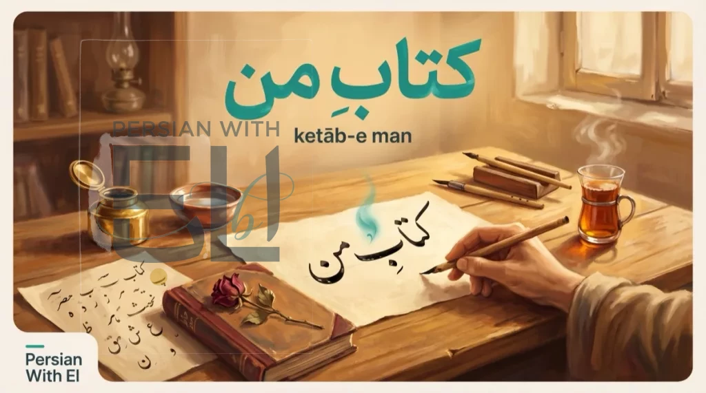 Calligrapher's qalam just finished writing ketab-e man on cream paper, teal ghostly kasre mark hovering between the two words, illustrating the Persian ezafe invisible connector vowel