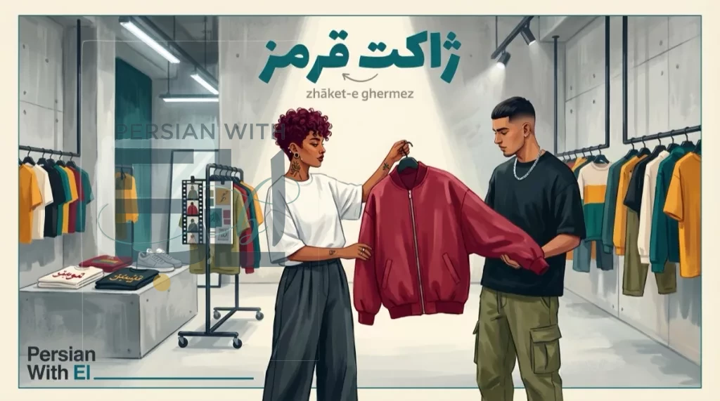Afro-Iranian fashion designer with burgundy curly hair at a modern Tehran streetwear boutique holding up a red bomber jacket for a customer with fade haircut and silver chain, illustrating Persian adjective word order with zhaket-e ghermez