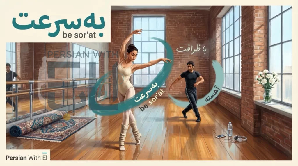 Tehran modern dance studio with a young woman in a cream leotard spinning gracefully with a teal motion arc labeled be sor'at quickly while a male dancer moves slowly labeled aheste, illustrating Farsi adverbs as the way actions are done