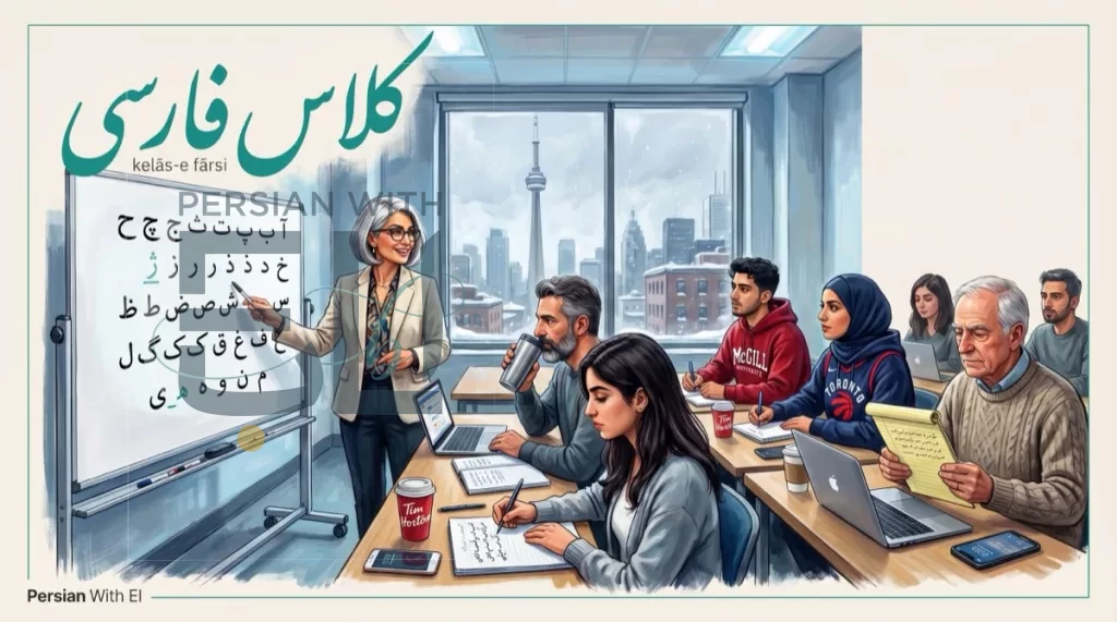 Diverse Iranian-Canadian adult students in a Toronto Farsi classroom with CN Tower visible through window Tim Hortons cup McGill sweatshirt Persian alphabet on whiteboard, illustrating Farsi classes in Tehranto