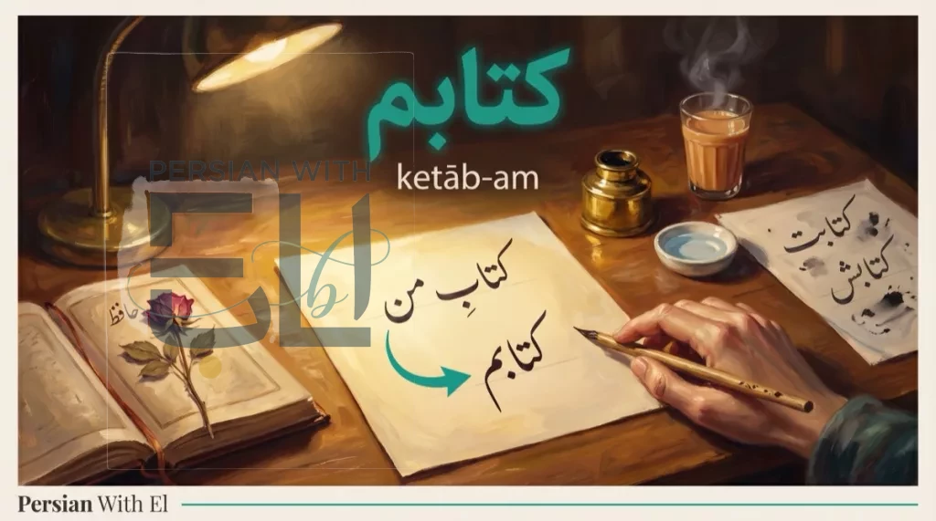 Calligrapher's desk with a cream paper showing ketab-e man transforming into ketabam with a teal arrow between them, a practice sheet with ketabat and ketabash variants, a Hafez book and chai glass, illustrating Persian clitic pronouns as tiny attached suffixes