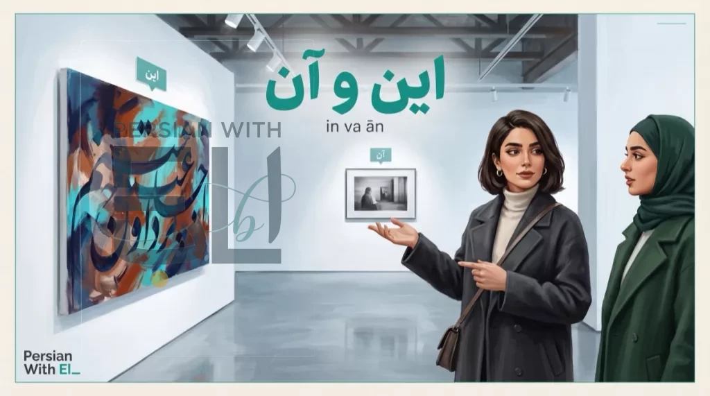 Two young Iranian women at a contemporary Tehran art gallery pointing between a near abstract Persian calligraphy painting labeled in and a far photograph labeled an, illustrating Persian demonstratives in va an