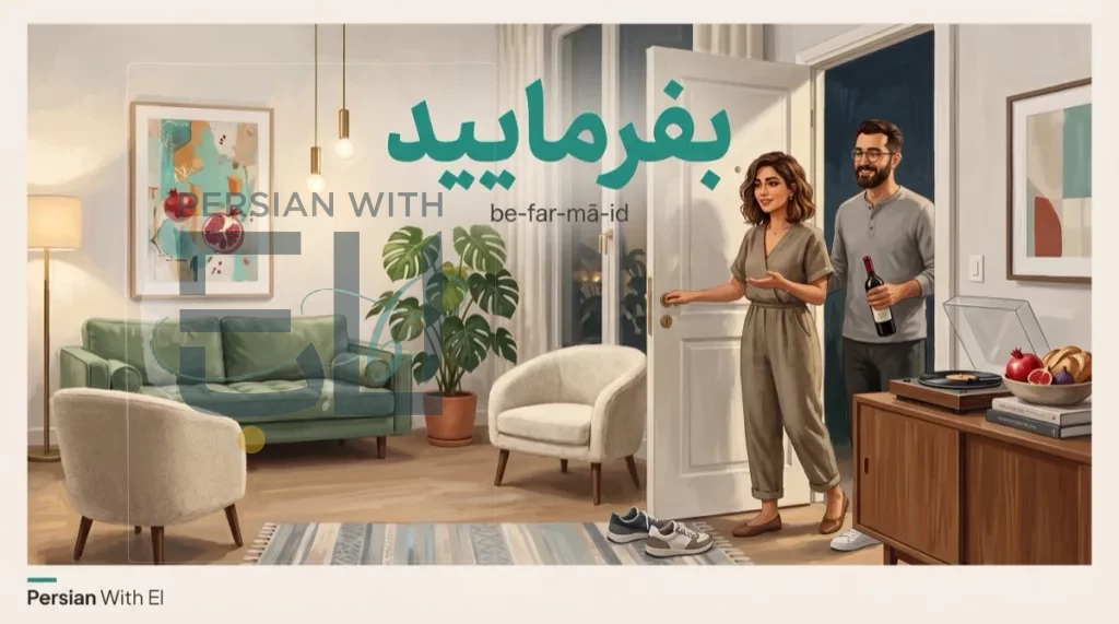 Modern Iranian couple welcoming guests at the door of their contemporary Tehran apartment, woman without hijab in linen jumpsuit gesturing befarmaid invitation, sage sofa and modern decor, illustrating Persian imperatives