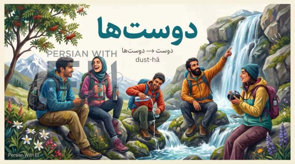 Five diverse young Iranian hikers at a Darband mountain waterfall with modern outdoor gear, one with athletic hijab four without, illustrating Persian plurals through the word dust-ha friends