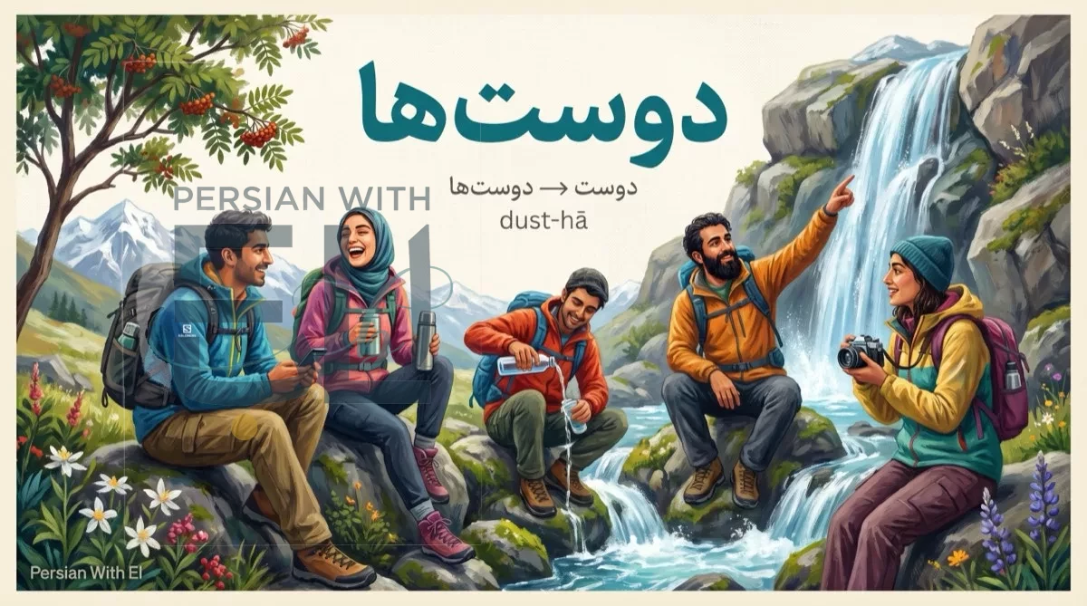 Five diverse young Iranian hikers at a Darband mountain waterfall with modern outdoor gear, one with athletic hijab four without, illustrating Persian plurals through the word dust-ha friends