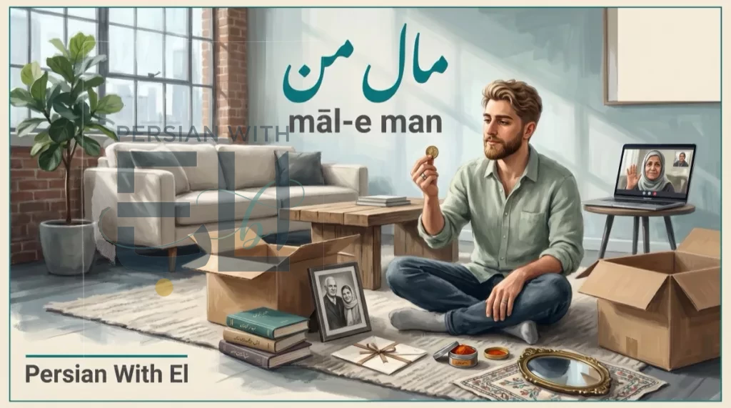 Young Iranian diaspora man in a modern apartment unpacking boxes from home with a gold coin in hand, mother on FaceTime call on laptop, Persian books and family photos spilled out, illustrating Persian possessives mal-e man