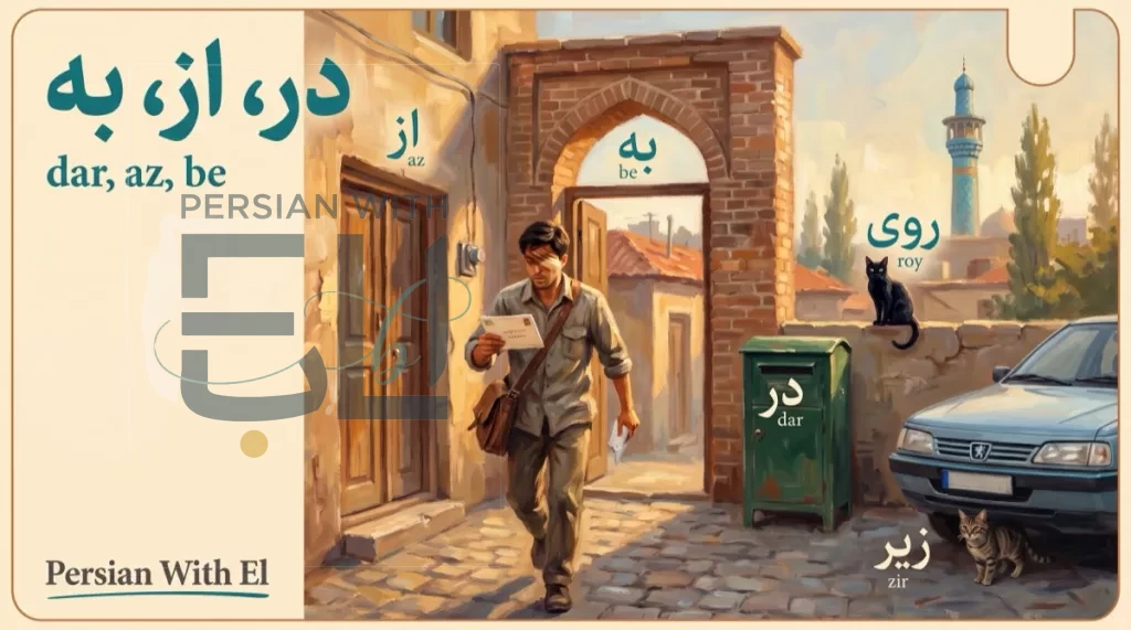 Tehran postman walking through a cobblestone alley with an envelope, five Persian prepositions dar az be rooy zir labeled in-situ on doorways mailboxes walls and cars, illustrating the Farsi prepositions that actually matter