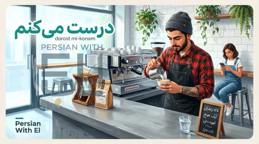 Young Iranian barista with beanie and flannel pulling an espresso shot mid-pour at a modern Tehran third-wave coffee shop with La Marzocco machine, illustrating Farsi present tense as action happening right now