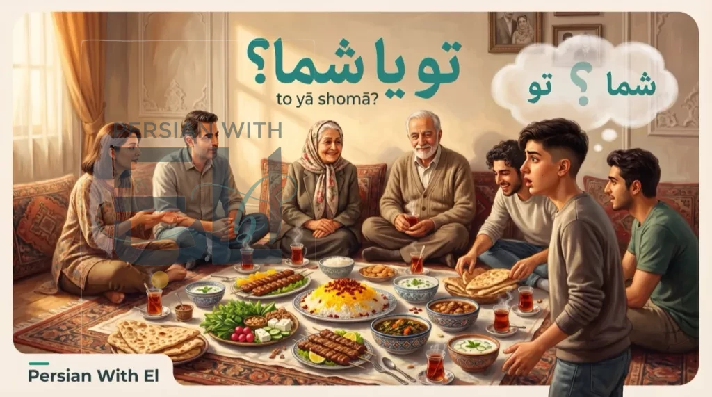 Multi-generational Iranian family around a full sofreh with saffron rice and kabab, young diaspora learner on the right with a thought bubble showing to and shoma, illustrating Persian pronoun choice between informal and formal you