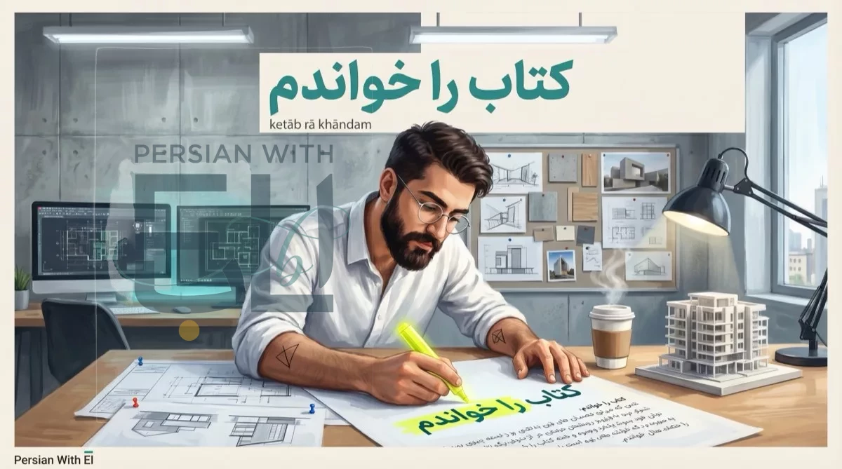 Young Iranian architect at modern office highlighting the Persian word ra on a blueprint with fluorescent yellow marker, AutoCAD monitors behind, illustrating the Farsi ra direct object marker