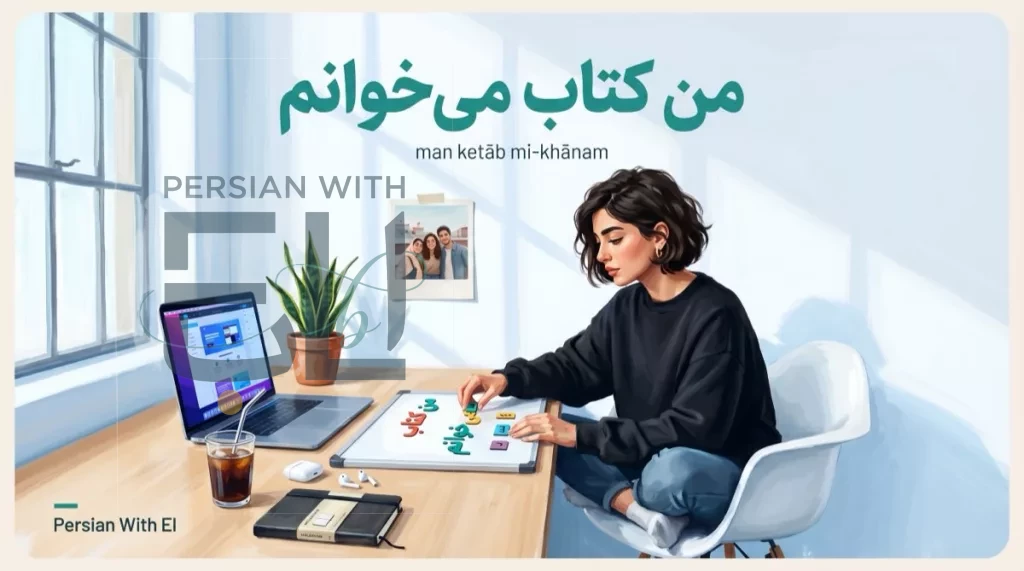 Young Iranian woman without hijab at a modern design studio desk with MacBook AirPods and cold brew, assembling colorful word tiles on a magnetic board spelling man ketab mi-khanam illustrating Farsi sentence building