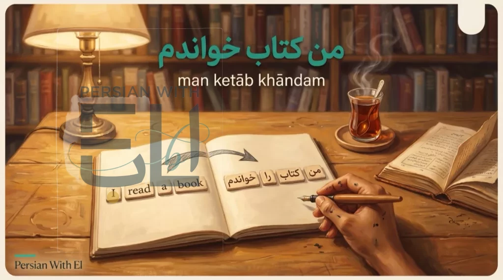 Student desk with English sentence tiles I read a book transforming via arrows into Persian tiles man ketab ra khandam reading right-to-left, illustrating Farsi sentence structure word order