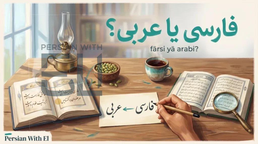 Two open books side by side on a warm wooden desk — Persian poetry in flowing Nastaliq on the left and Arabic in classical Naskh script on the right — with a cream note card between them showing fārsi and arabi linked by a teal arrow, illustrating Farsi versus Arabic differences