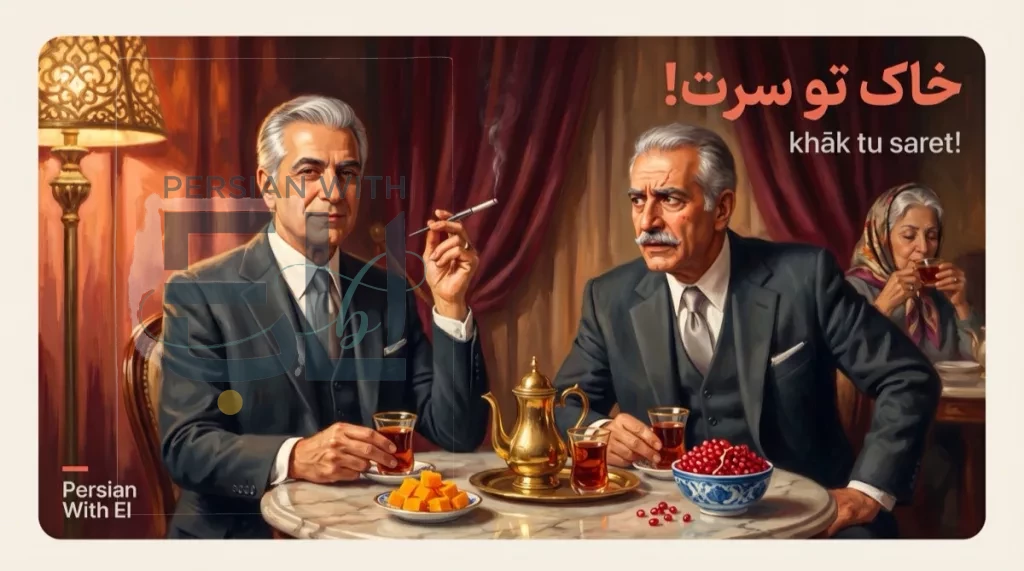 Two dignified older Iranian gentlemen in three-piece suits at a formal tea salon with gold teapot and pomegranate seeds, delivering Persian profanity with perfect composure, illustrating civilised Iranian curse words