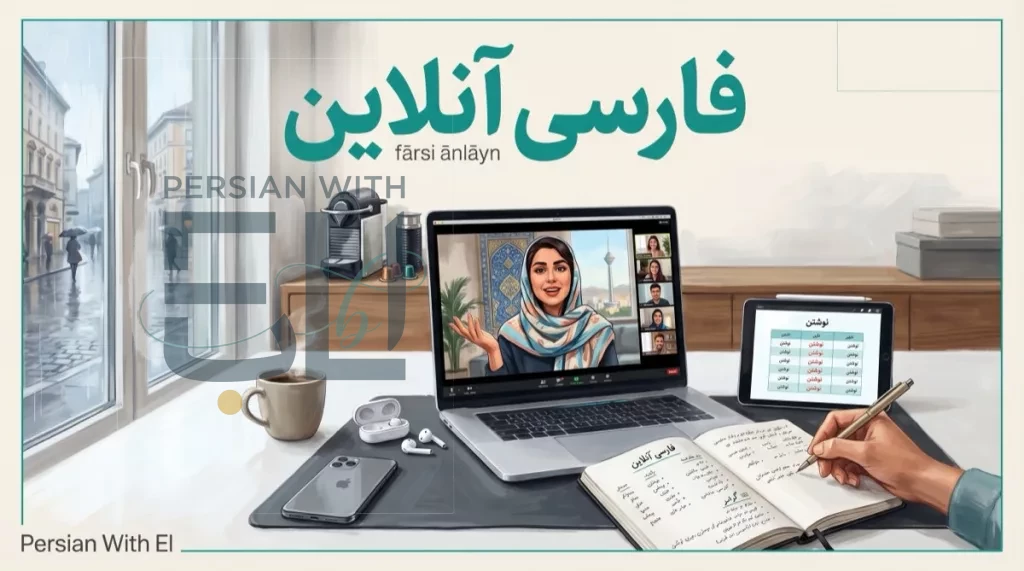 Modern home office with laptop showing Zoom call with Farsi tutor iPad displaying conjugation chart AirPods Moleskine notebook with handwritten Persian notes and Nespresso machine, illustrating learning Farsi online