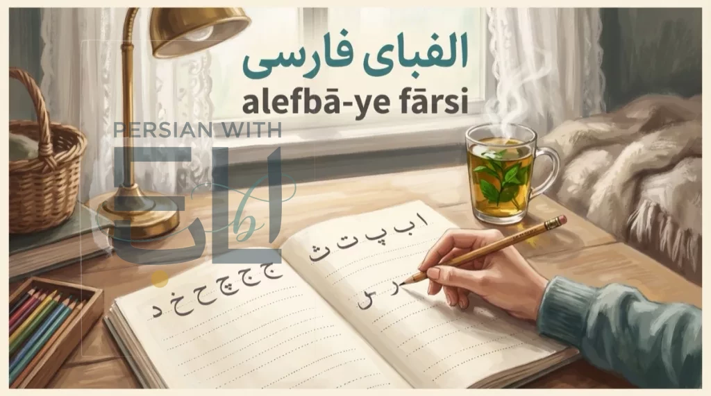 Cozy window reading nook with handwritten Persian alphabet workbook open showing the letters alef be pe te jim, a hand tracing alef for the first time, mint tea steaming beside it, illustrating the complete beginner's guide to Farsi