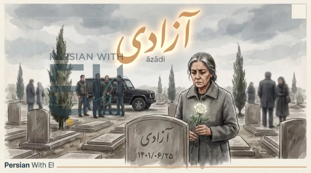 Iranian woman holding a white rose at a Tehran cemetery gravestone engraved with azadi freedom and the date 1401/06/25, plainclothes officials watching from a black SUV under overcast sky, illustrating Persian words about justice and protest