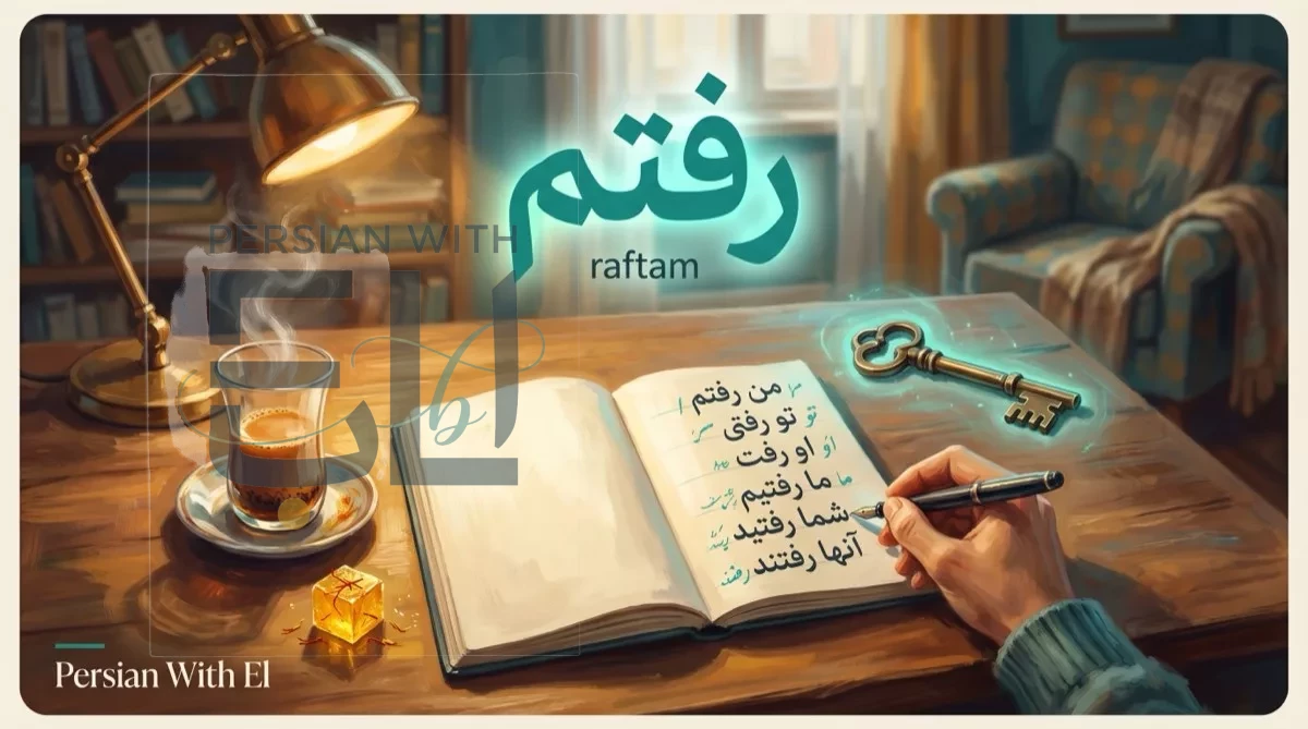 Warm study desk with Persian past tense conjugation chart filled in for all six persons beside a brass key glowing teal, illustrating how the Farsi past tense unlocks all other Persian tenses