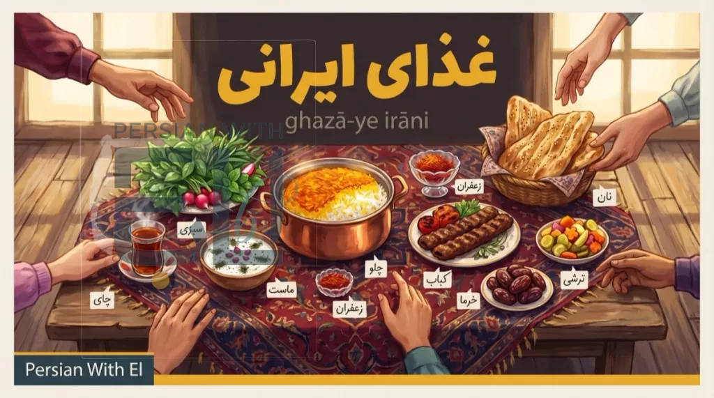 Top-down view of a Persian sofreh dining cloth laid with saffron rice chelo kebab mast yogurt sabzi herbs nan bread chai tea anar pomegranate khorma dates torshi pickles all labeled in Persian script illustrating Persian food vocabulary