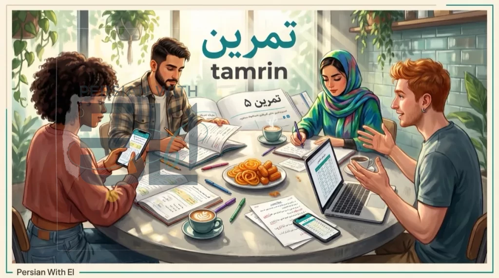 Four diverse young Iranian students — Afro-Iranian Kurdish Armenian-Iranian and woman with modern hijab — studying Persian grammar together at a Tehran cafe table with workbooks laptops phones and pastries, illustrating Persian grammar exercises practice